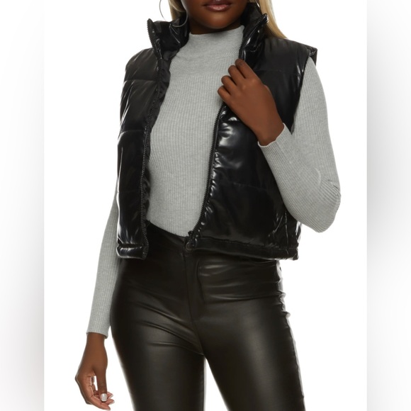 Passion of Essence Jackets & Blazers - Solid Black Faux Patent Leather Puffer Vest